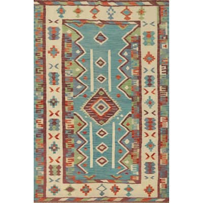 Hand Woven Oriental 100% Wool Carpet Southwestern Tribal Navy Blue & Blues Kilim Area Rug - 7' 0'' X 5' 1''