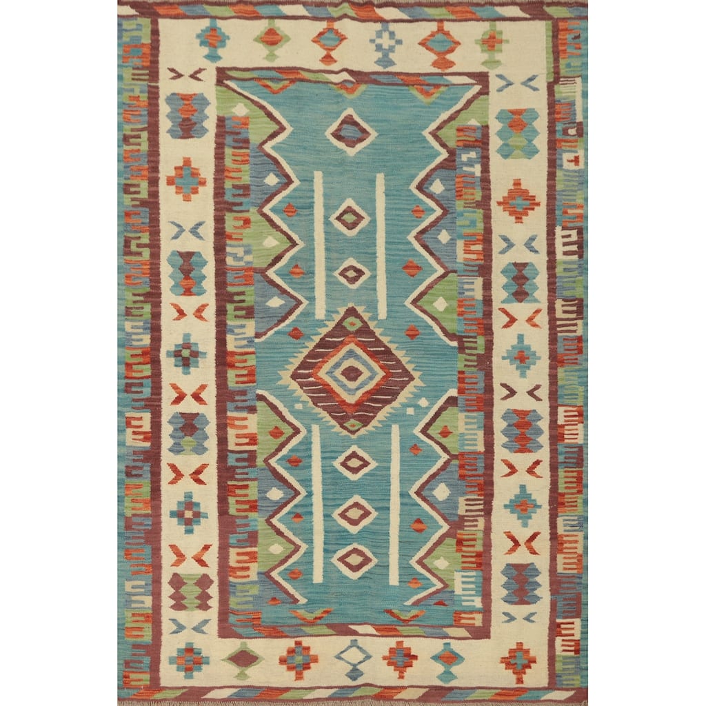 Hand Woven Oriental 100% Wool Carpet Southwestern Tribal Navy Blue & Blues Kilim Area Rug - 7' 0'' X 5' 1''