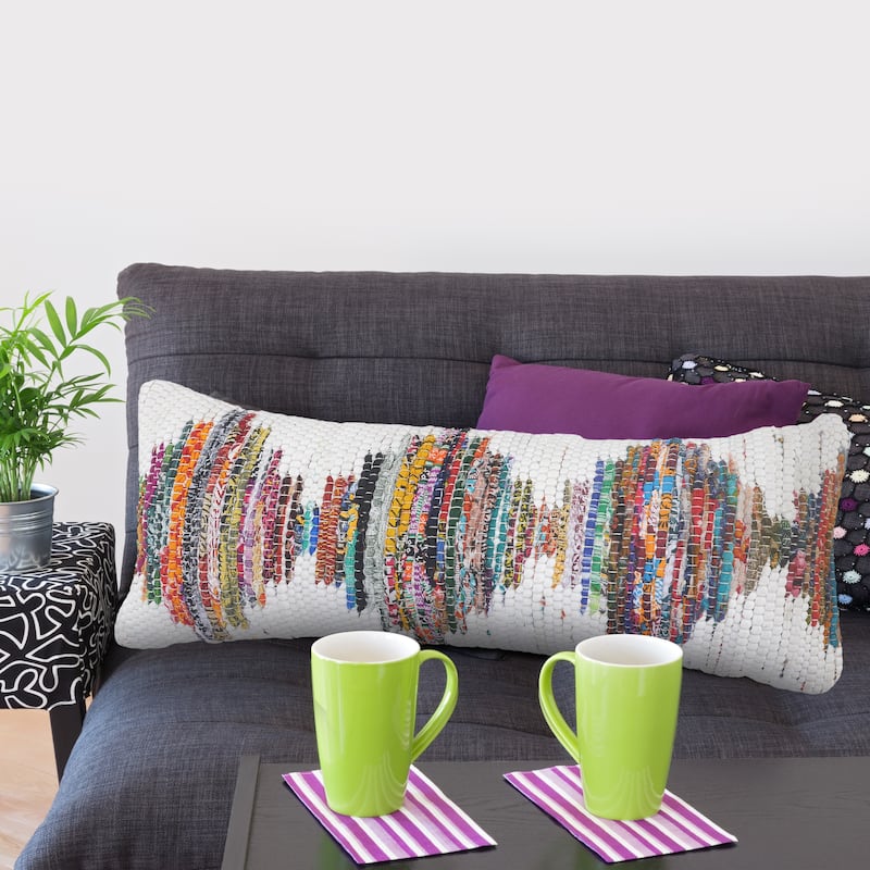 Sevita White and Multicolored Chindi Geometric Throw Pillow - 14" x 36" - Polyester