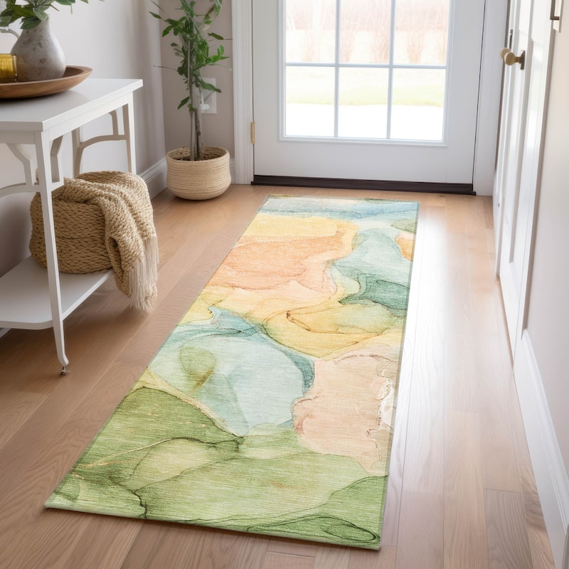 Machine Washable Indoor/ Outdoor Chantille Watercolor Blue Rug