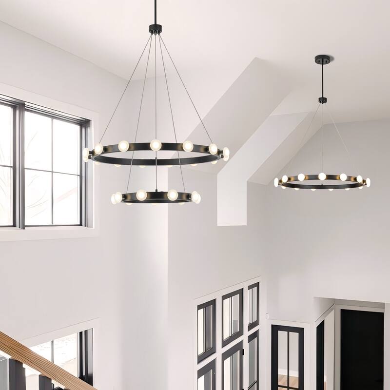 15/24-Light Mid-Century Modern Black Integrated LED Large Wagon Wheel Chandelier for Dining Room/Living Room - 2 Tiers - 24 Light