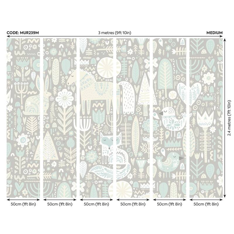 Aqua Scandi Forest Animals Wall Mural