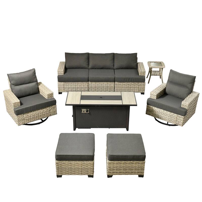 HOOOWOOO 9-piece Outdoor Wicker Furniture Swivel Rocking Chair Set with Fire Pit Table