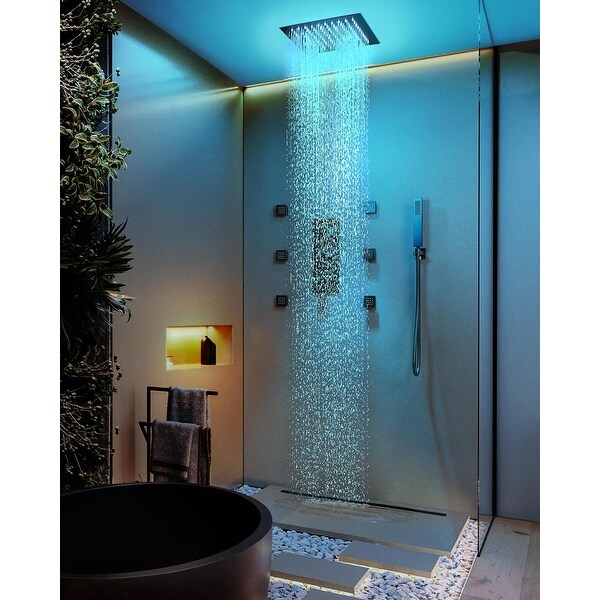 GRANDJOY Shower System 12 inch Ceiling Mount Rainfall Shower Head Body Jets Handheld Spray Combo 64 Colors LED On Sale Bed Bath Beyond 39588364