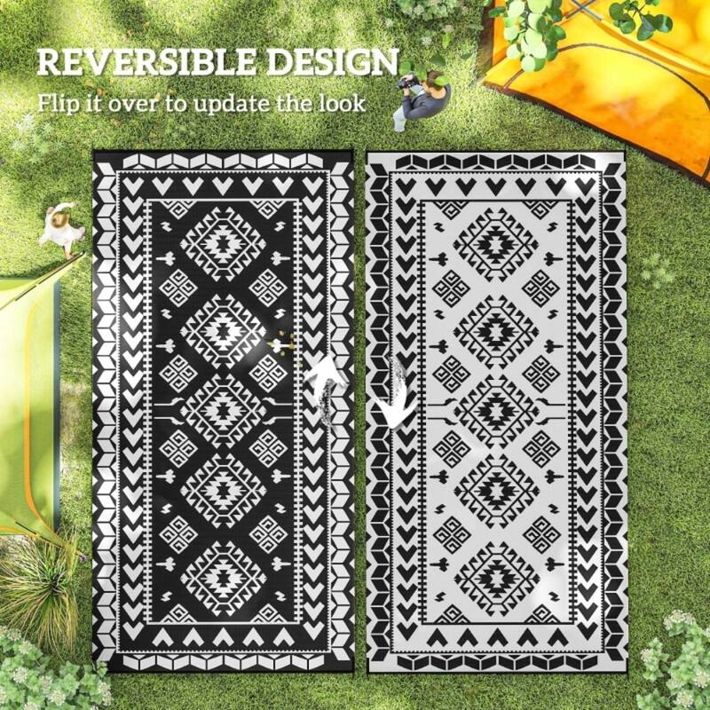 Reversible Outdoor Rug Rhombus Patchwork, UV-Protected, Foldable & Portable Polypropylene Mat - 215.7" L x 107.9" W