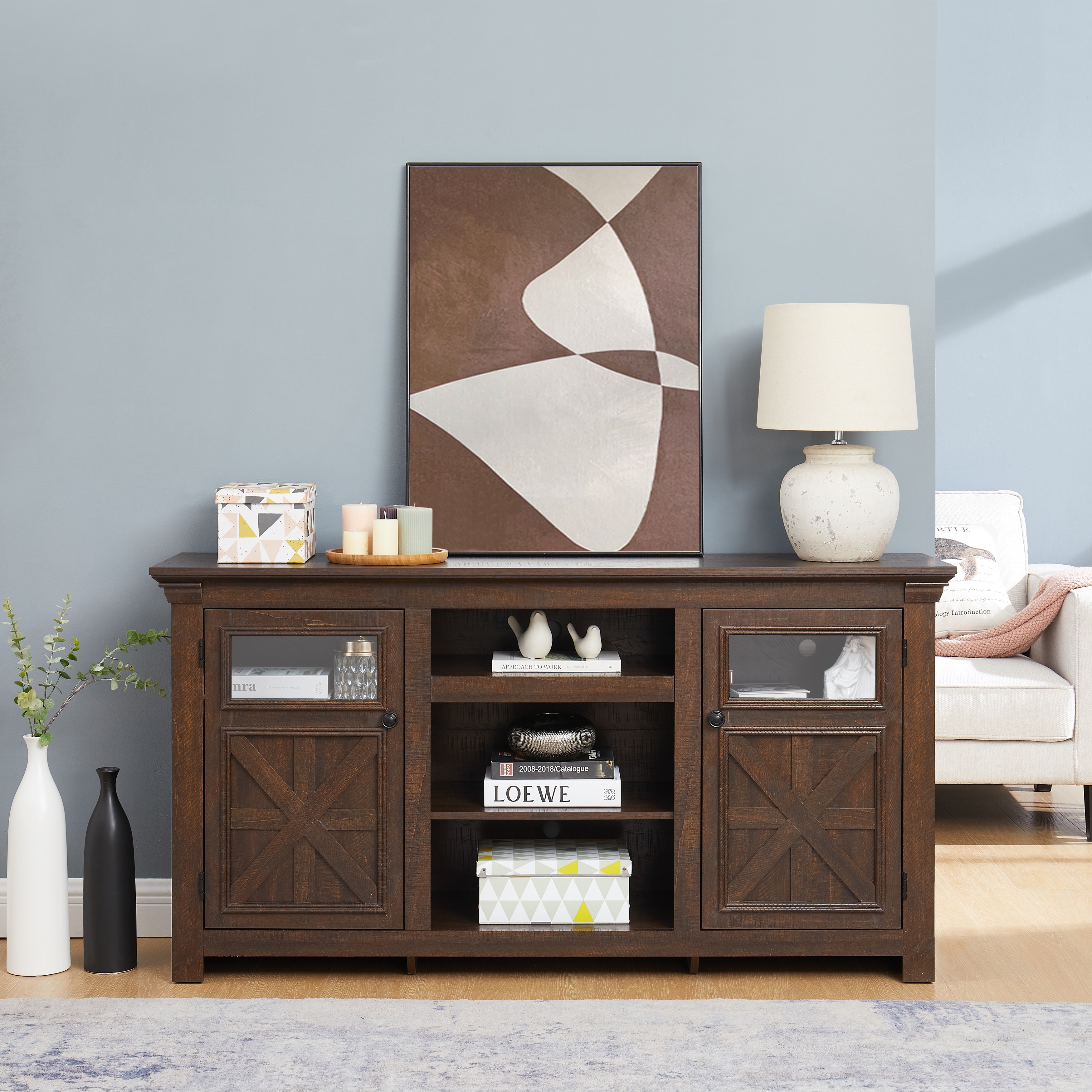 Farmhouse TV Stand 2 Doors Cabinet with Open Shelves, TV Media Console Cabinet Espresso Entertainment Center