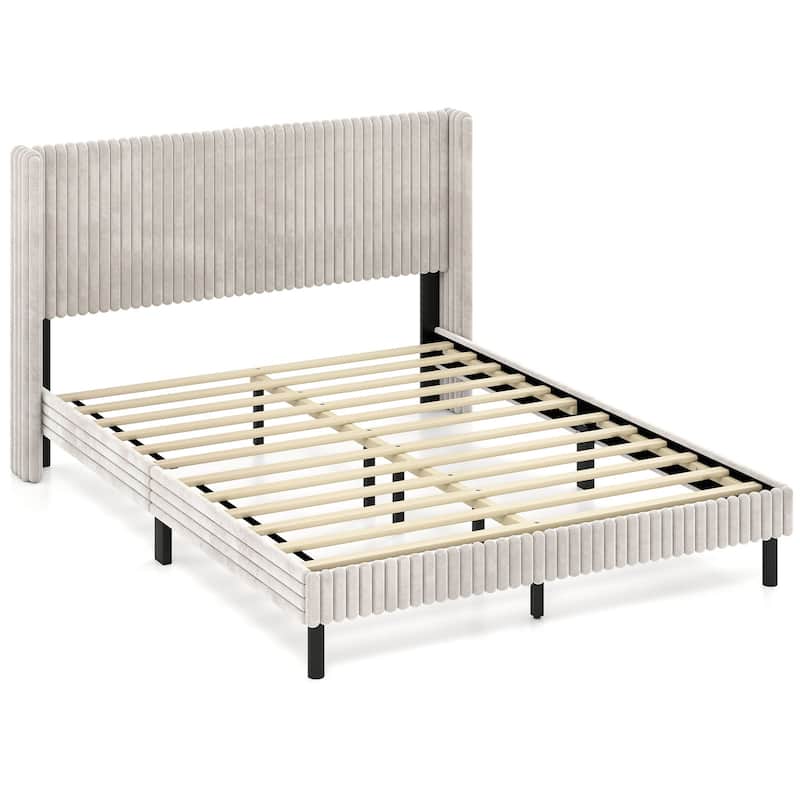 Costway Queen Size Velvet Bed Frame Upholstered Platform Bed with - White - Queen