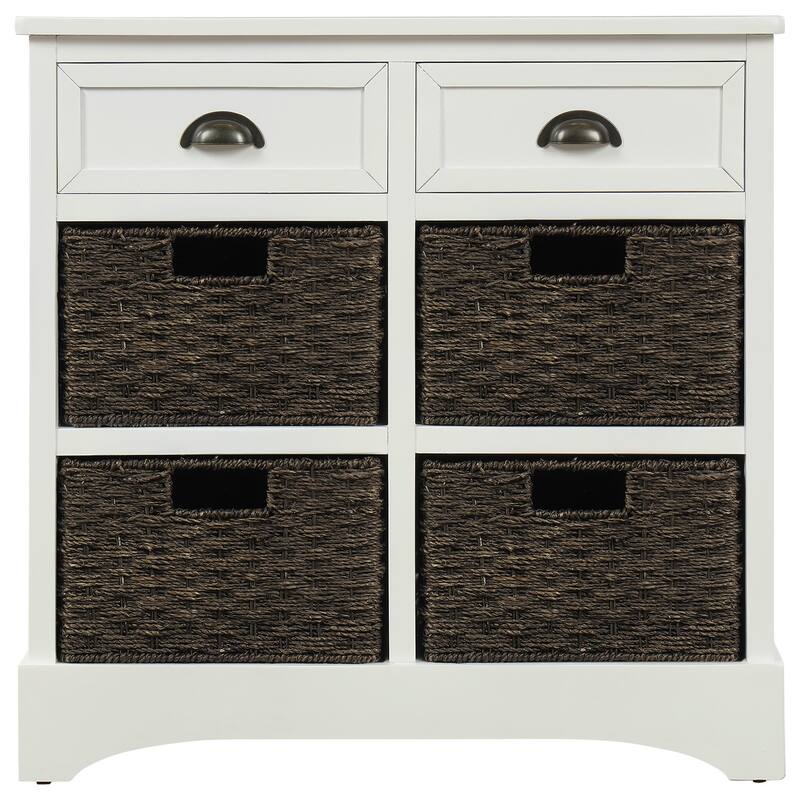 Rustic Farmhouse Storage Cabinet with 2 Drawers & Rattan Basket for Living Room or Entryway