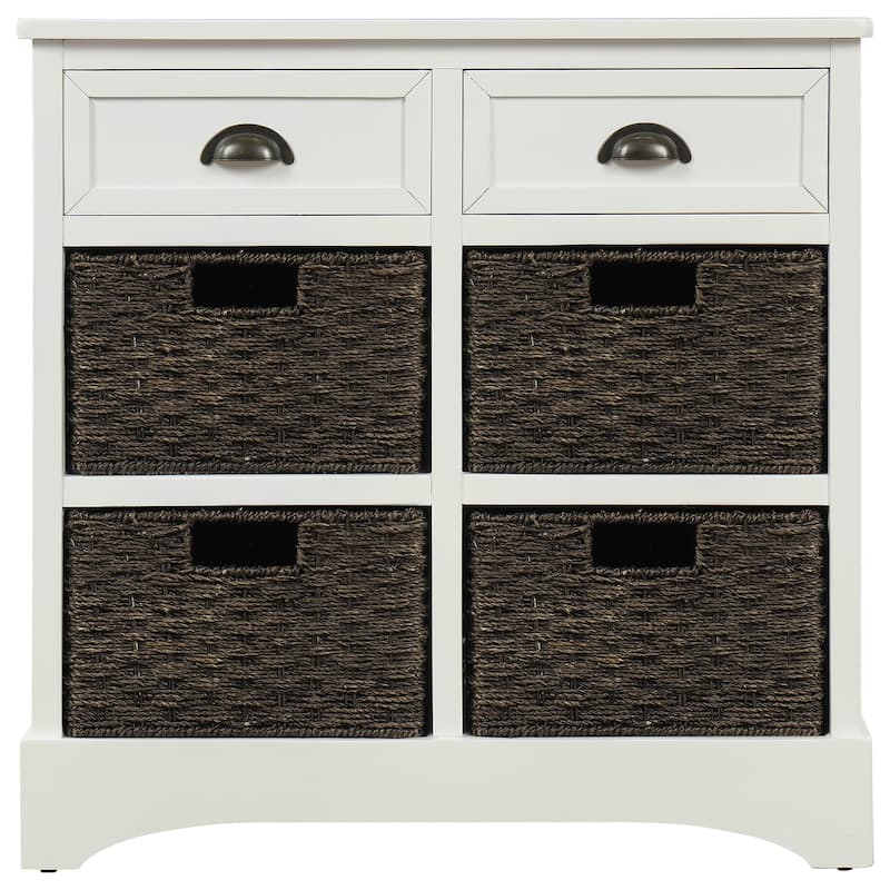Solid Wood Storage Cabinet with Two Drawers and Four Rattan Basket No Assembly