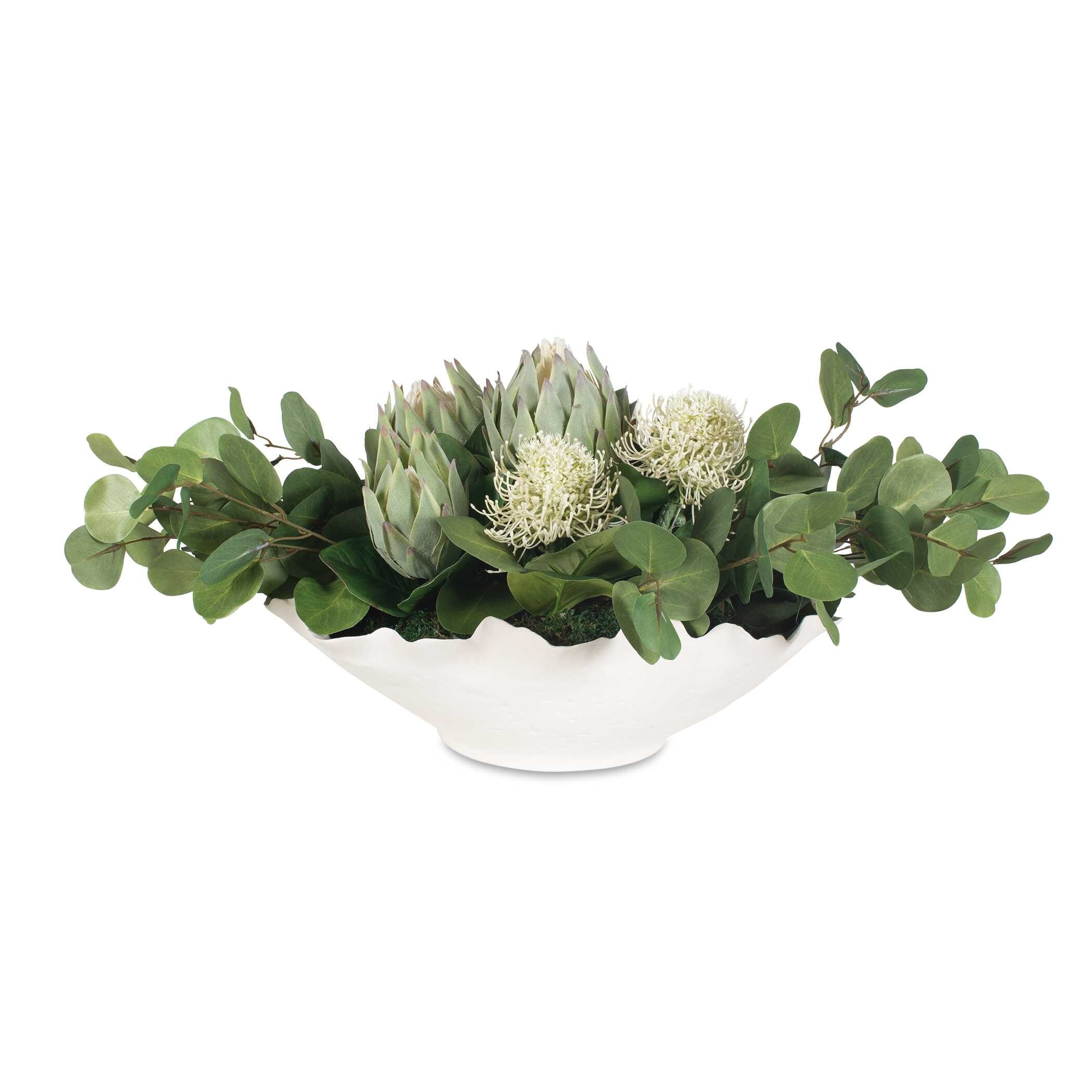 Uttermost Protea Blooms White Bowl Centerpiece - 24.00" W x 12.00" H x 16.00" D