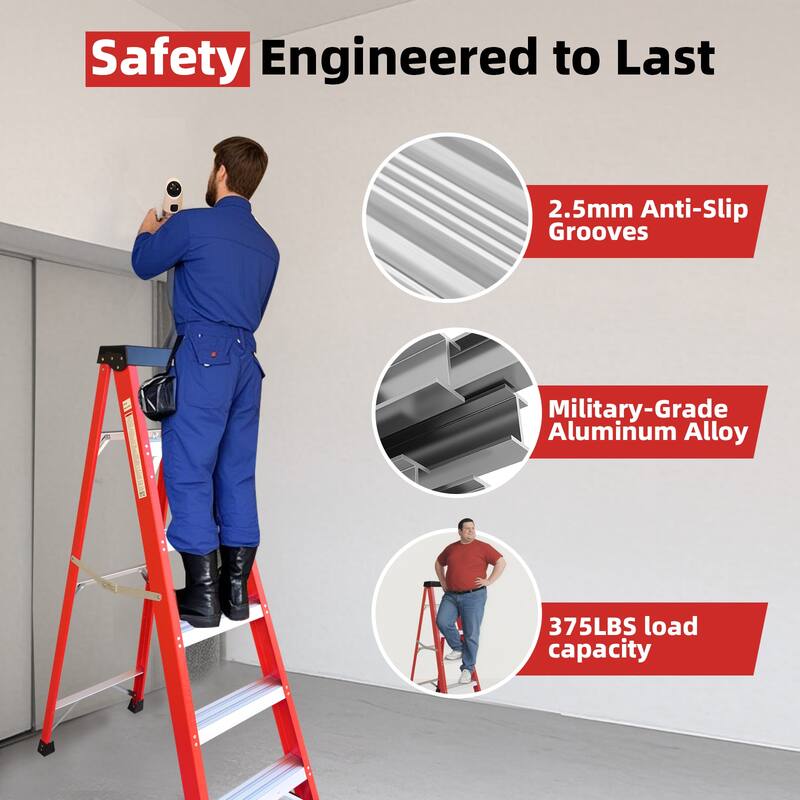 Anmytek Red Fiberglass Single Side Step Ladder Insulated Non Conductive Frame for Electrical Engineering and Home Maintenance