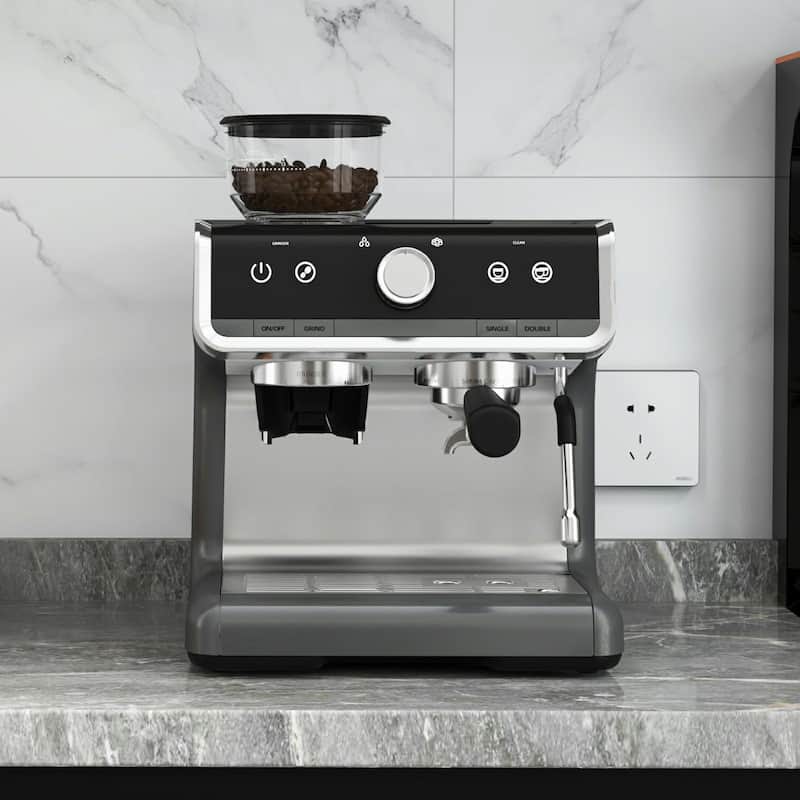 Espresso Coffee Maker Machine with Grinder, Temperature Control - Silver