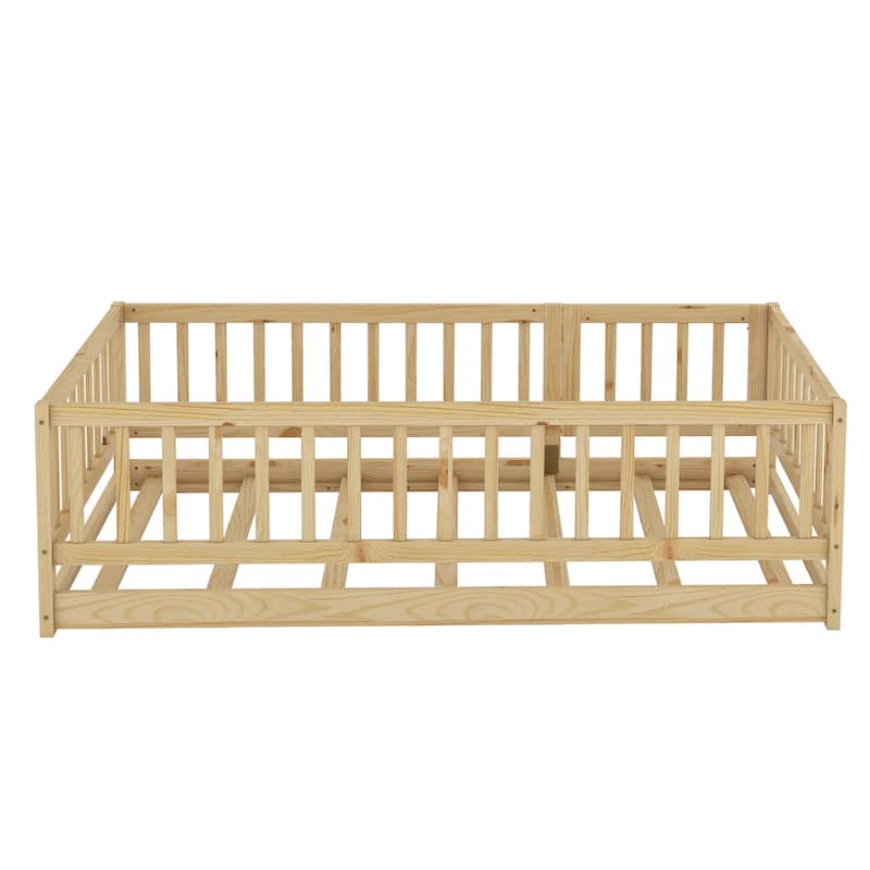 Twin Size Montessori Floor Bed with Safety Fence & Door - Pine Wood Frame