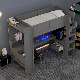 Wood Twin Size Loft Bed w/Desk, Shelves, LED, Charging Station