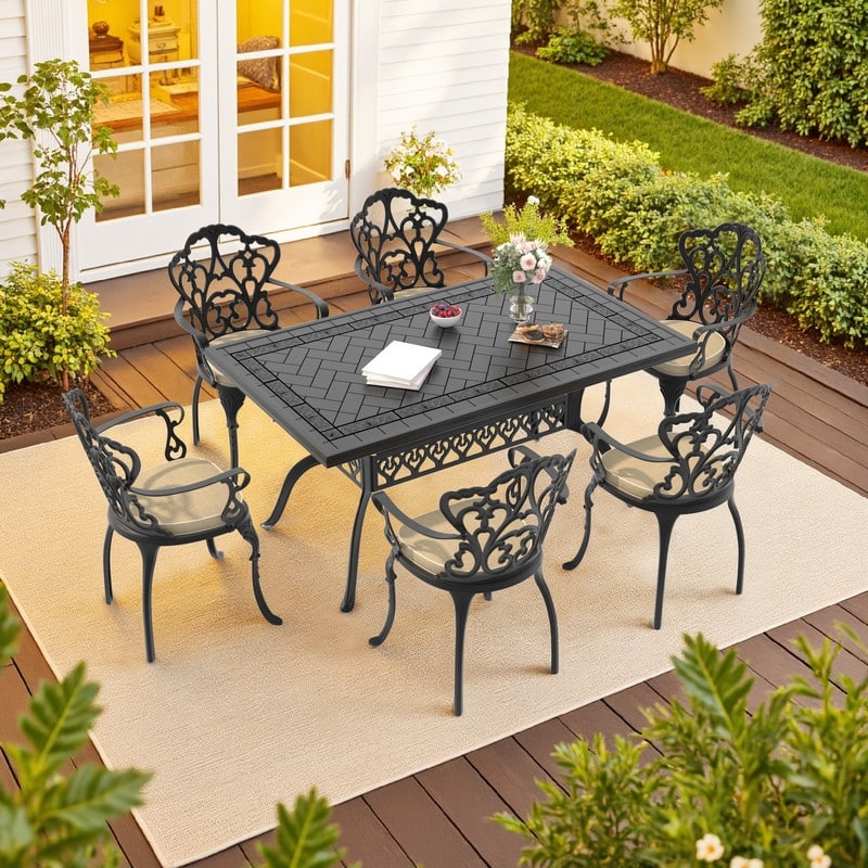 5/7-Piece Cast Aluminum Outdoor Dining Set with 59.06'' L X 35.43'' W Rectangular Table and Seat Cushions - Black( 7-Piece Sets-C)