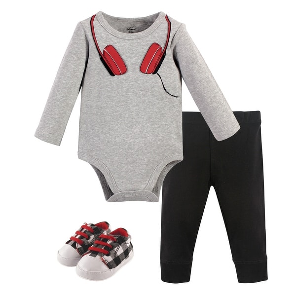 slide 1 of 1, Little Treasure Baby Boy Cotton Bodysuit, Pant and Shoe 3pc Set, Red Headphones 0-3 Months - Headphones