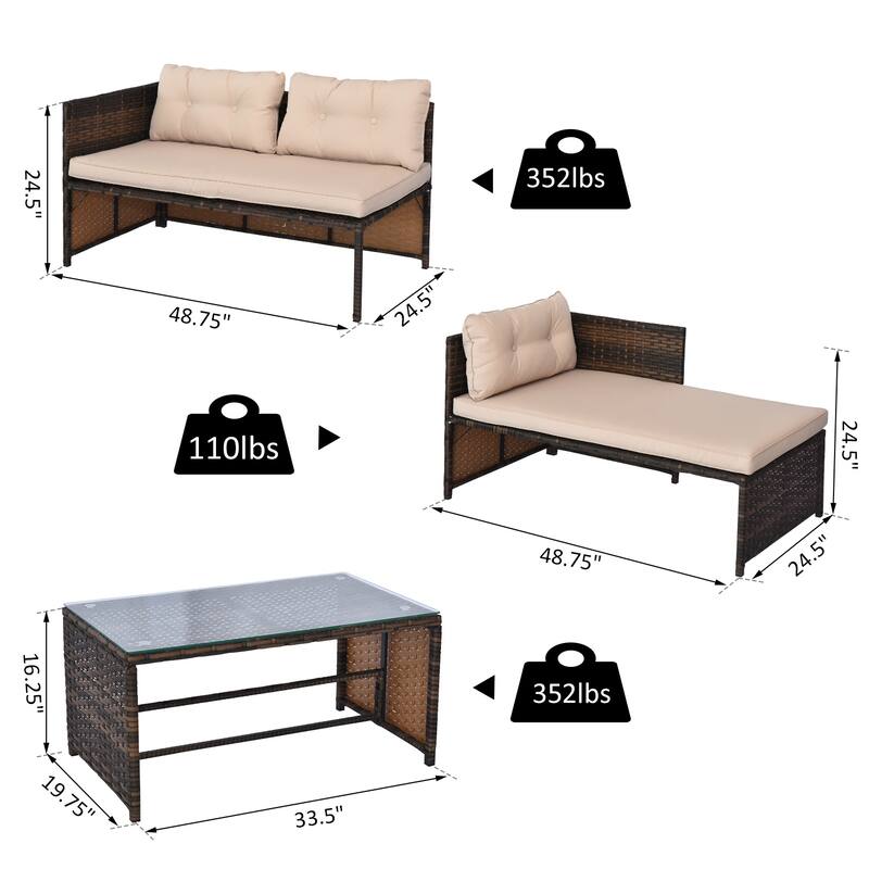 Outsunny 3-Piece Wicker Patio Furniture Sets, Rattan Conversation Sets, Sectional sofa set with Cushioned Lounge Chaise