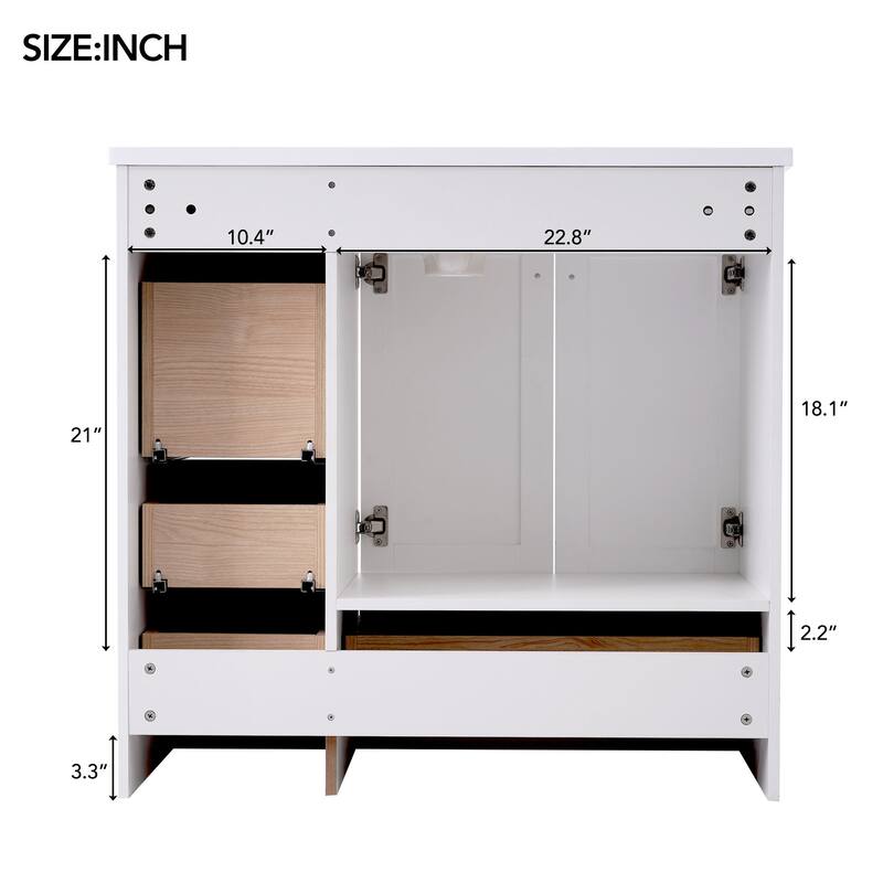 36" Shaker Bathroom Vanity with Ceramic Sink - 4 Soft-Close Drawers & 2 Doors, Free-Standing Cabinet