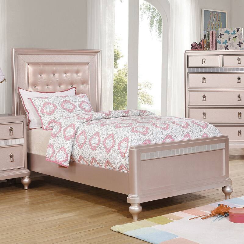 Gibson Transitional Faux Leather Padded Mirror Trim Panel Kid Bed by Silver Orchid - Rose Gold - Twin
