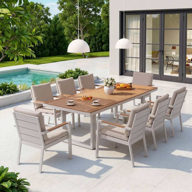 9-Piece Modern Aluminum Outdoor Dining Set with 8 Patio Dining Chairs - Champagne