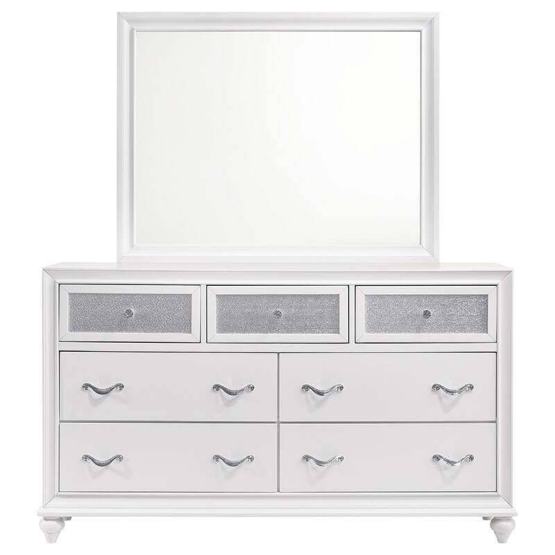 Dini Wide Dresser with Mirror, Glitter-Accented 7 Drawers, White Wood