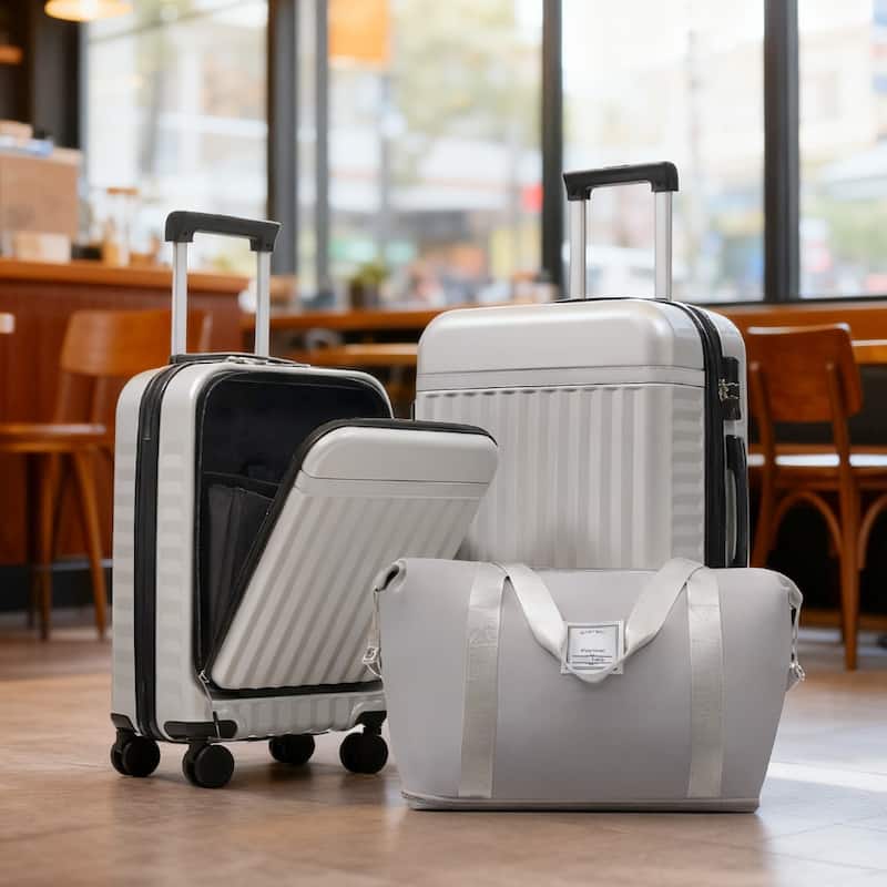 3-Piece Modern Front-Opening Luggage Expandable Luggage with USB Port and TSA Lock, for Boarding Travel, Grey+White