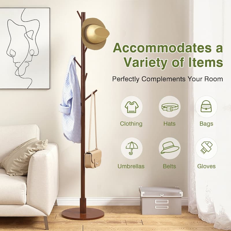 VECELO Brown Height Adjustable Bamboo Tree Coat Rack with 8 Hooks Round Base Freestanding Clothing Rack for Small Spaces