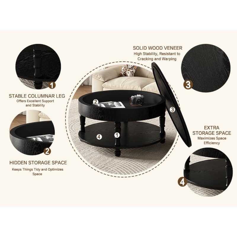 Roomfitters 31.5" Round Coffee Table, Storage Center Table with Hidden Compartment for Living Room