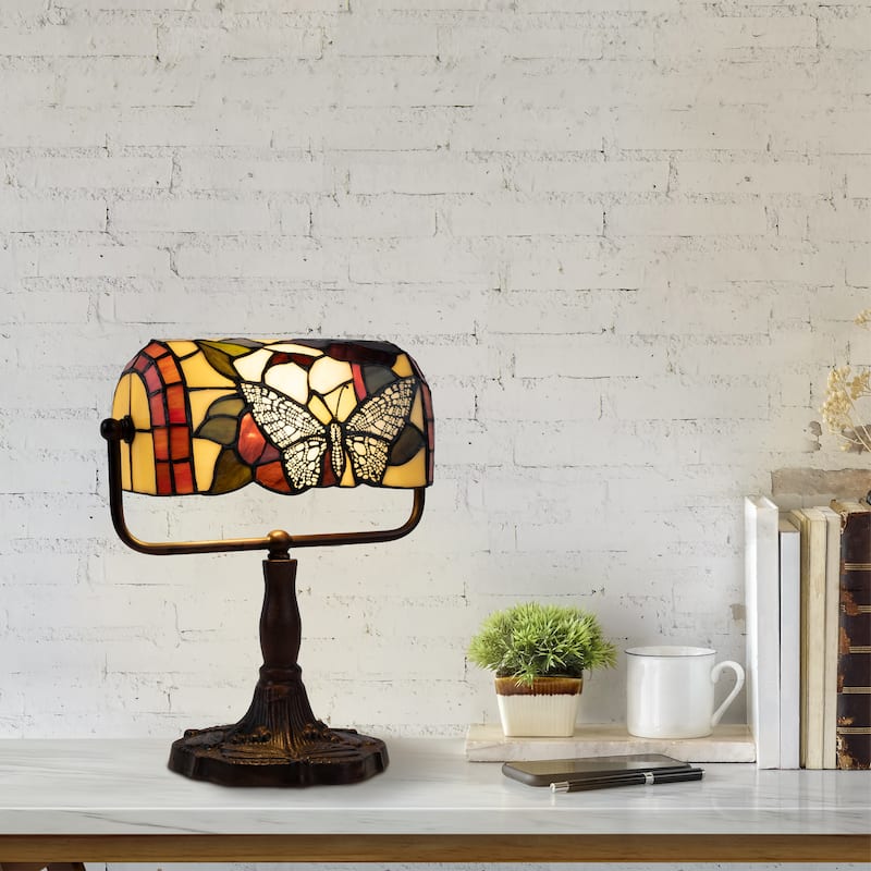 Tiffany Style Bankers Lamp-Vintage Stained Glass Butterfly LED Desk Light by Lavish Home