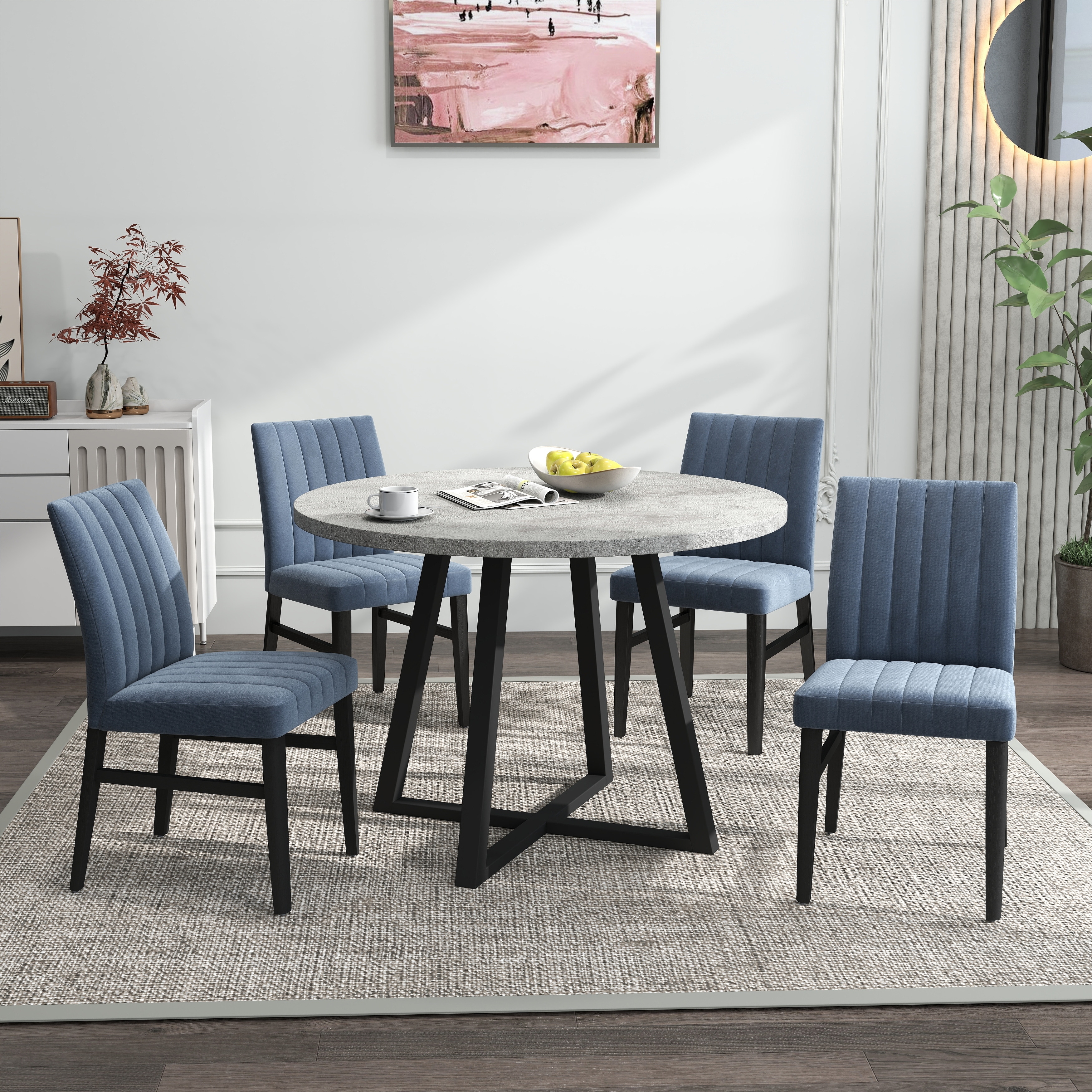 5-Piece Dining Set with 4 Upholstered Chairs & Round Table