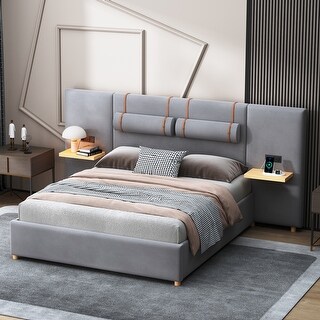 Queen Size Platform Bed with 2 Outlets and USB Charging, Upholstered Bed with 2 Bedside Pillows, and Storage Shelves, Gray