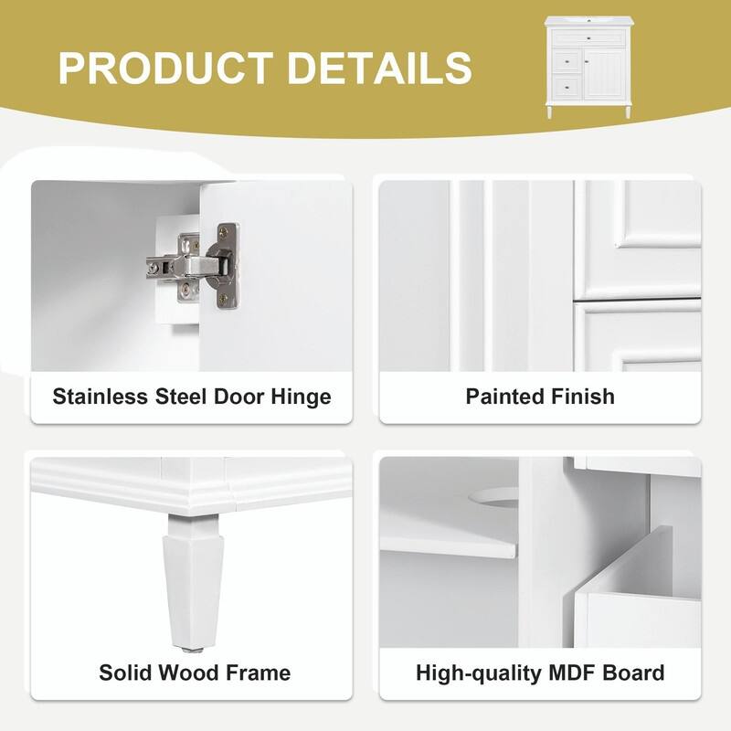 30 Inch Bathroom Vanity with Sink, Modern Vanity Cabinet with One Flip Drawer and Two Storage Drawers