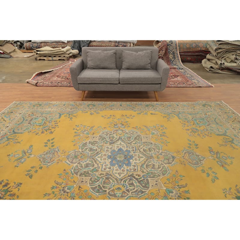 Hand Knotted Oriental 100% Wool Carpet Traditional Floral Yellow & Gold Tabriz Area Rug - 12' 5'' X 9' 8''
