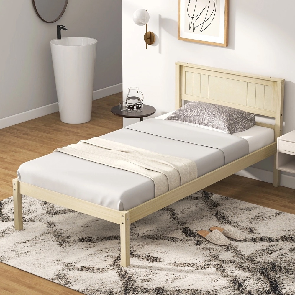 Twin Wooden Platform Bed Frame Headboard Mattress Foundation Natural