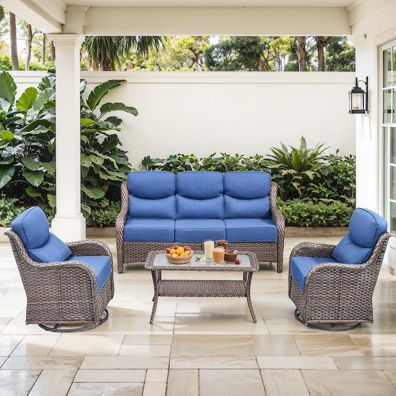 Gymojoy 4-Piece Patio Furniture Set with Swivel Glider Chairs, 6-Inch Ultra-Plush Cushions & Water-Resistant Olefin Fabric - Brown Wicker / Blue Cusion - 4-Piece