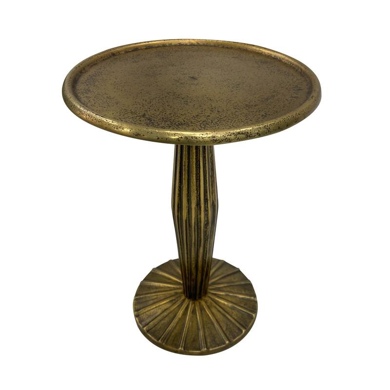 17 Inch Side End Drink Table, Fancy Fluted Base, Round Top Antique Brass