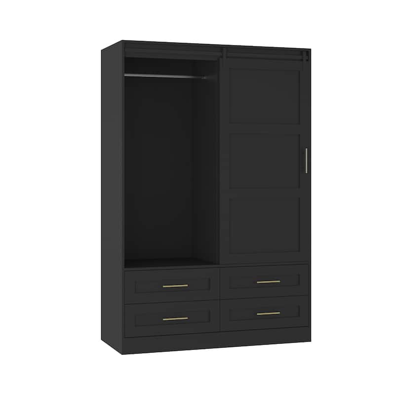 Tall Bedroom Armoire Wardrobe Closet Clothing Storage Cabinet with Hanging Rod Barn Door Drawers Open Shelves