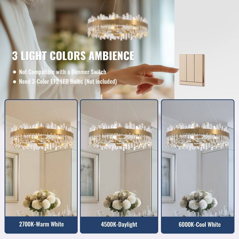 32 in. 2-Tier Modern Crystal Chandelier Brass Gold Round Crystal Raindrop Chandelier Contemporary Pendant Light for Dining Room