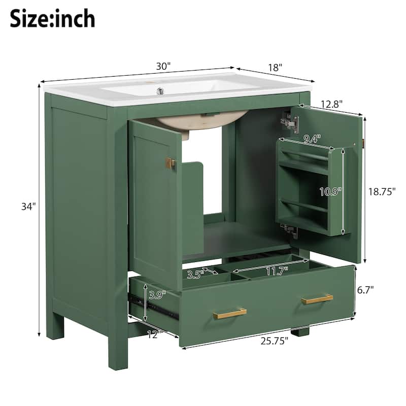 Roomfitters 30 Inch Bathroom Vanity with Single Ceramic Sink, Soft-Close Doors, Divided Drawer & Storage Cabinet, Green