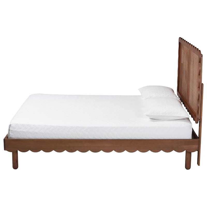 Orianthe Scalloped Platform Bed with Woven Rattan Headboard - Solid Wood Bed Frame with Curved Edge Design, Queen Size