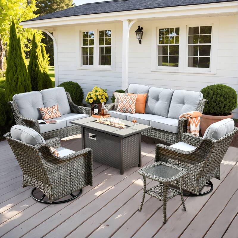 OVIOS 6 Pieces Outdoor Wicker Curved Swivel Chair Set With Fire Table - Light Gray