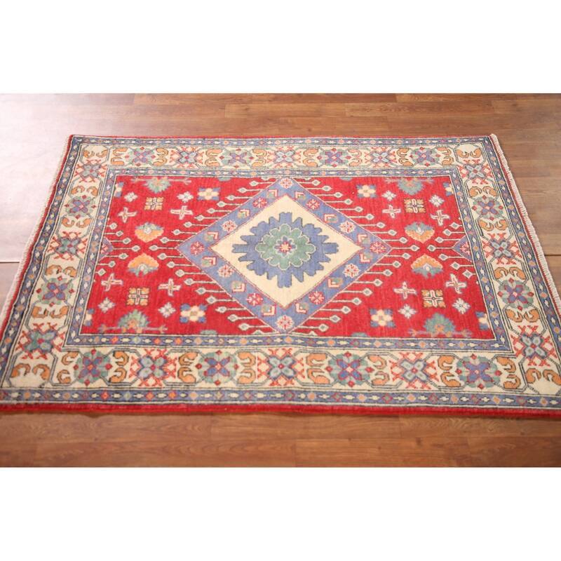 Geometric Kazak Rug Hand-Knotted Traditional Foyer Wool Carpet - 3'4"x 4'10"