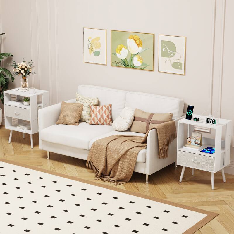2 Pack Modern Nightstand with Charging Station, Bedside Tables with LED Light and Fabric Drawers