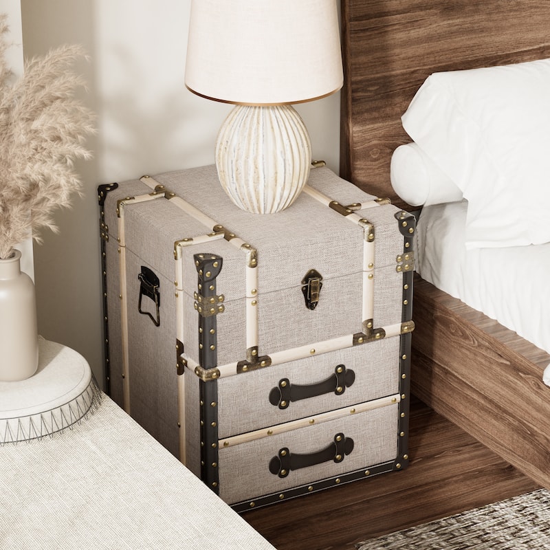 COZAYH Vintage Nightstand with Buckle Hinged Top, Linen Accent End Side Table for Living Room, Rectangle, Grey