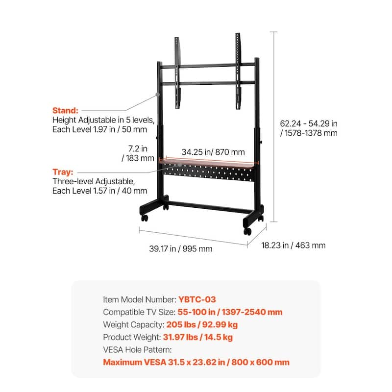 Mobile TV Cart for 55-100 Inch Displays, Height Adjustable, Swivel Wheels - 39.17 x 18.23 x (62.24 - 54.29) in