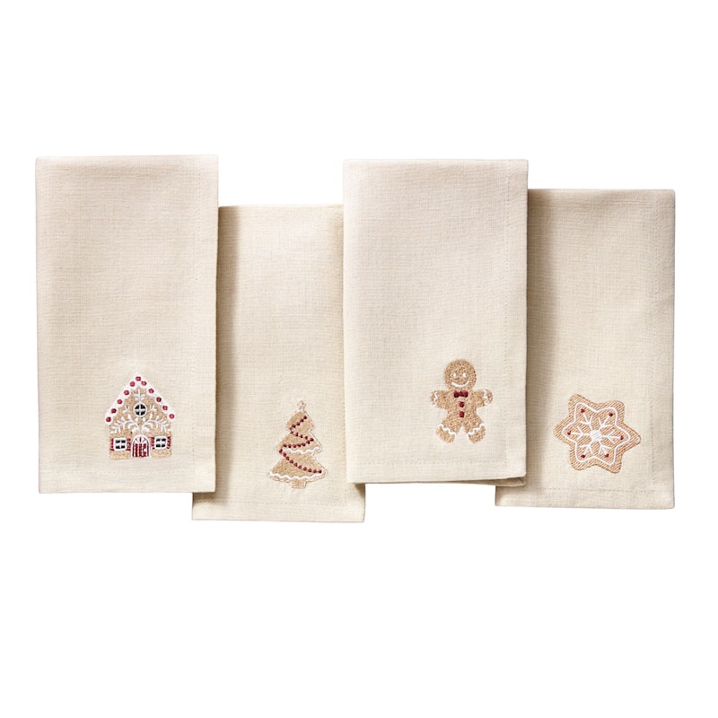 Gingerbread Bliss Embroidered Cotton Napkins, Set of 4 - 17x17 - Set of 4