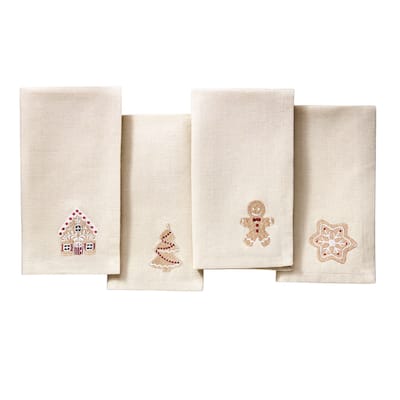 Gingerbread Bliss Embroidered Cotton Napkins, Set of 4 - 17x17