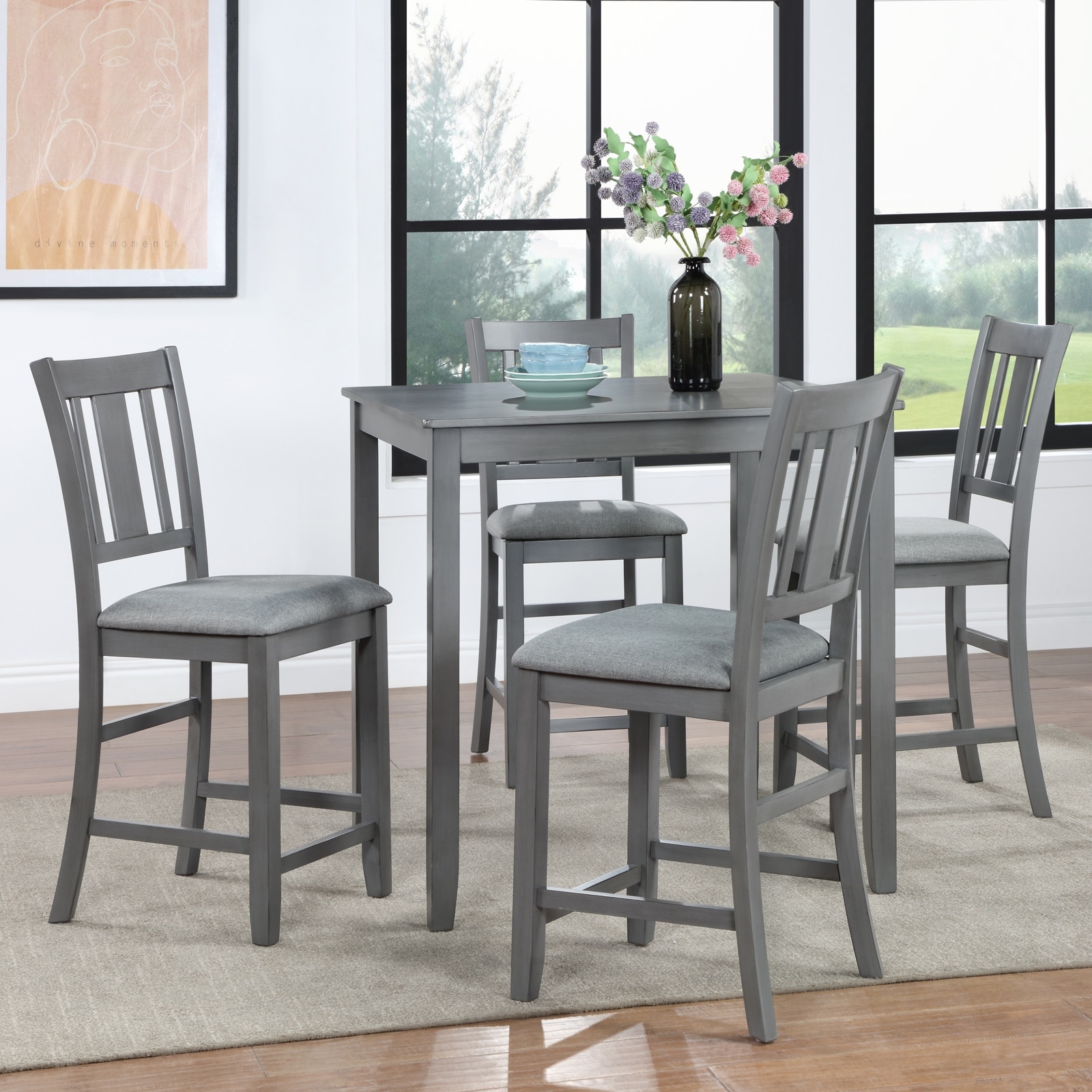 5 Piece Dining Table Set, Counter Height Kitchen Table Set with Wooden Square Table and 4 Upholstered Chairs