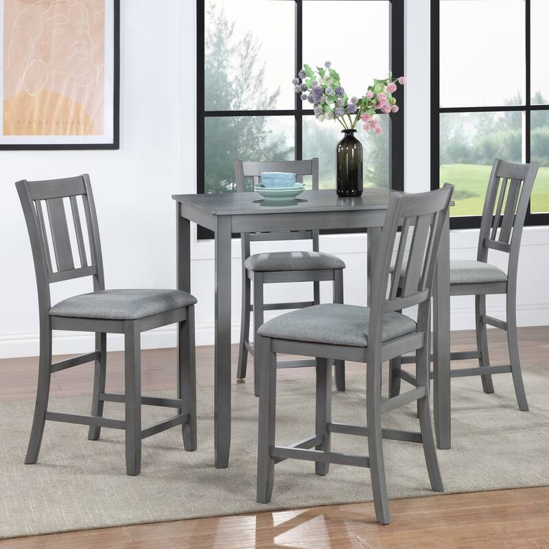 Counter Height Table Chairs Set Wooden Kitchen Table Set with Crystal Accent Square Table and 4 Upholstered Chairs Gray - Gray