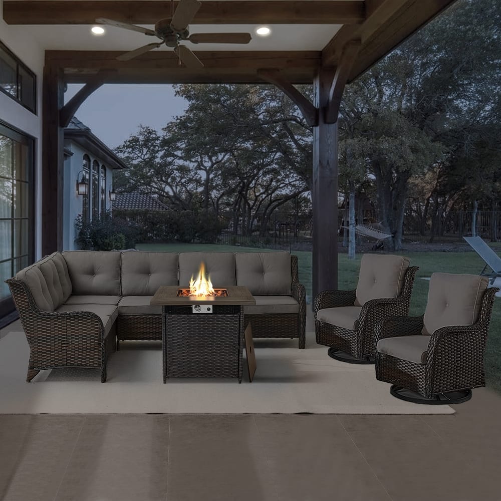 Gymojoy 4-Piece Outdoor Wicker Patio Furniture with Fire Pit and L-shaped Sectional Sofa, Coversation Set with Thick Cushions